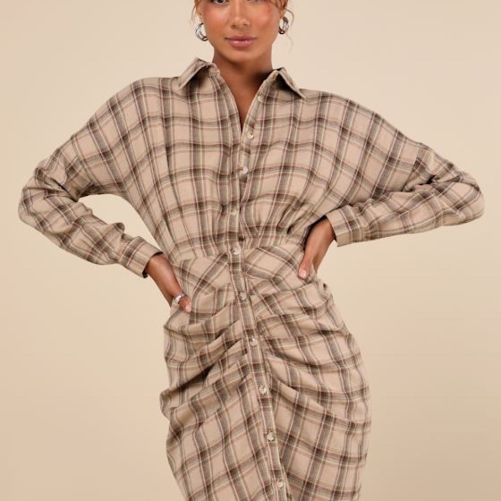 Lulus Seasonal Spirit Taupe Plaid Ruched Long Sleeve Midi Dress - Size S